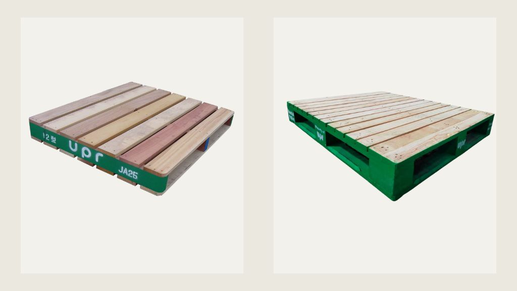 two pieces of wooden pallet. the one on the left is 2-way. the one on the right is 4-way