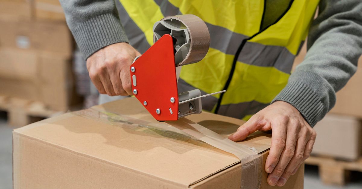 a warehouse worker packing up a carton box