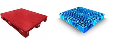 red plastic pallet and blue plastic pallet